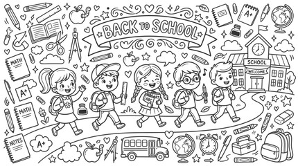 Fototapeta premium Back to School Scene with Dancing Children and Classroom Elements in a Playful Doodle.