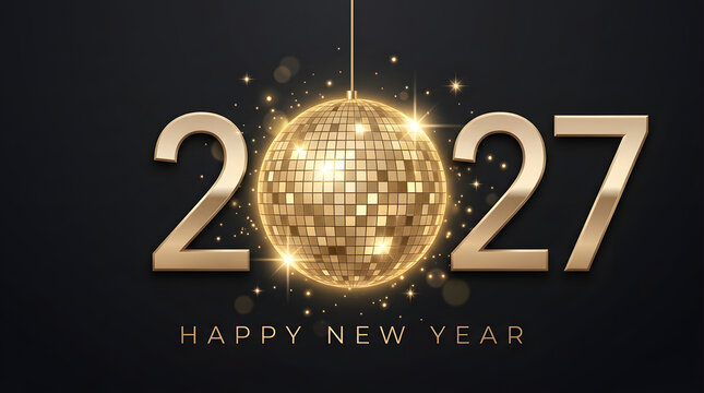 Golden sparkly disco ball with happy new year greeting text for 2027. Great for new years eve party invitations and decorations.