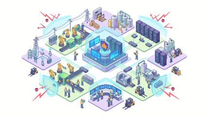 Fototapeta premium Isometric illustration of a smart factory with automated production lines and robotic systems.