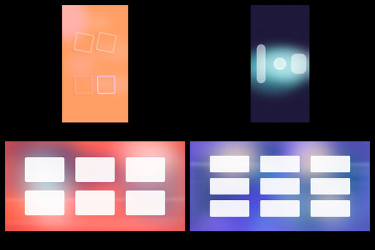 A set of minimalist glowing squares and rectangles floats against a dark backdrop, creating a modern tech mood ideal for app interfaces or futuristic design mockups.