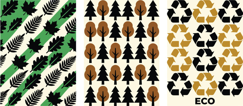 Set of eco friendly nature patterns with leaves and trees