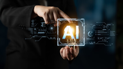 A futuristic user interface for business intelligence. This advanced AI dashboard displays complex...