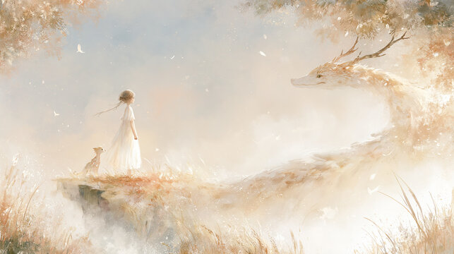 Woman in white facing a luminous dragon in a dreamy landscape.