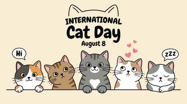 International Cat Day August 8 Banner with Cute Diverse Kittens Cartoon Illustration Design
