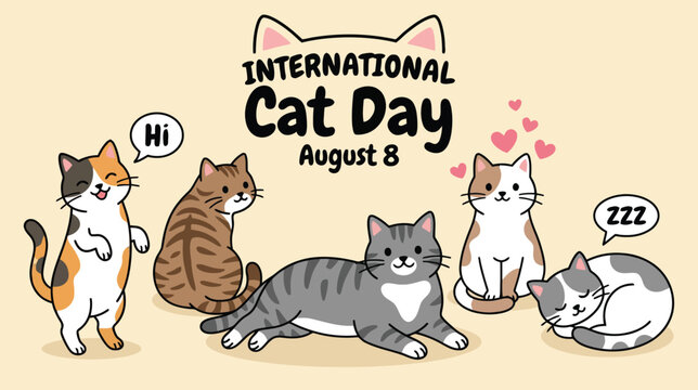 Cute International Cat Day Greeting Card with Adorable Kittens Illustration for August 8 Celebration