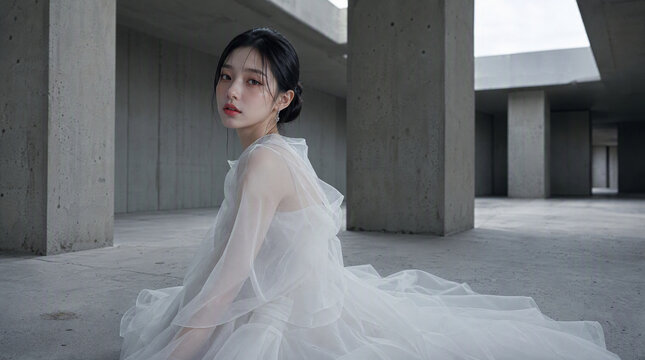 コンクリート建築に座る白いドレスの女性