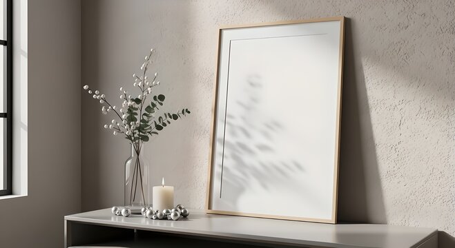 Minimalist vertical wooden picture frame mockup leaning against a beige wall with eucalyptus vase and candle on a modern console
