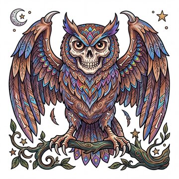 Mystical Owl with Skull Face Patterned Illustration Featuring Celestial Elements and Intricate Feathers on a Perched Tree Branch
