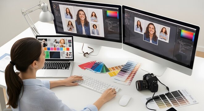Professional designer sitting at desk with laptop and dual computer monitors to edit images while utilizing color swatches and camera equipment for creative workflow projects within an active