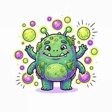 Friendly green multi-armed alien monster surrounded by glowing colorful space bubbles and magical cosmic orbs in a cute cartoon style illustration