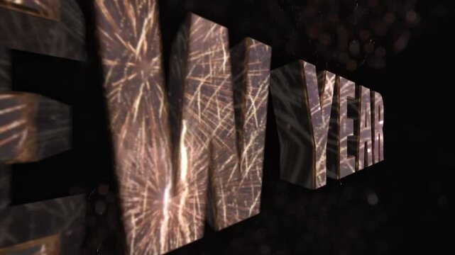 HAPPY NEW YEAR 3D文字と鏡面反射する鮮やかな打ち上げ花火