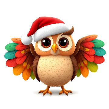 Cute cartoon owl with colorful wings wearing a festive santa claus hat