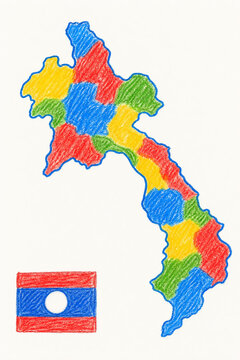Laos hand-drawn map with national flag, colored pencil crayon sketch, Lao People's Democratic Republic country map, colorful administrative provinces, Southeast Asia educational travel illustration