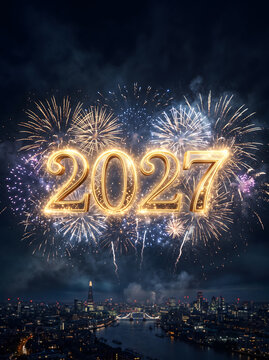 Spectacular 2027 New Year firework explosion vertical background with glowing numbers