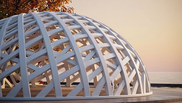 A white geodesic dome structure with an intricate lattice pattern sits near the water at sunset.