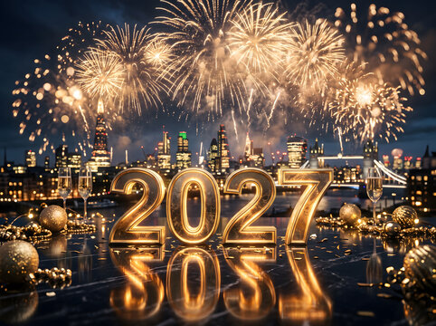 Happy New Year 2027 celebration background with golden fireworks display and party lights