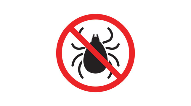 Prohibited tick sign showing a black insect silhouette inside a bright red circular frame as a minimal flat vector graphic design