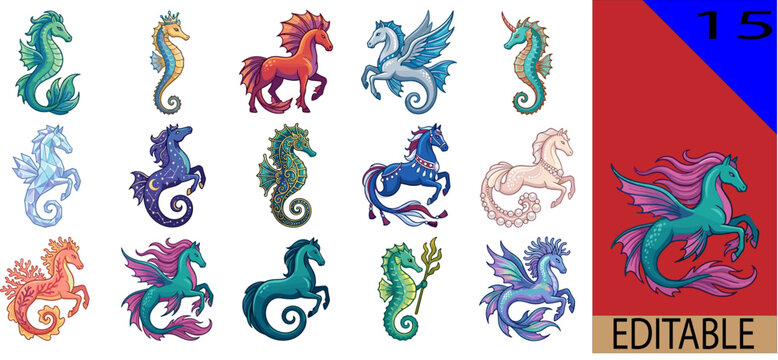 Collection of 15 fantasy seahorse and hippocamp illustrations with winged unicorn mermaid horses and magical sea creatures vector