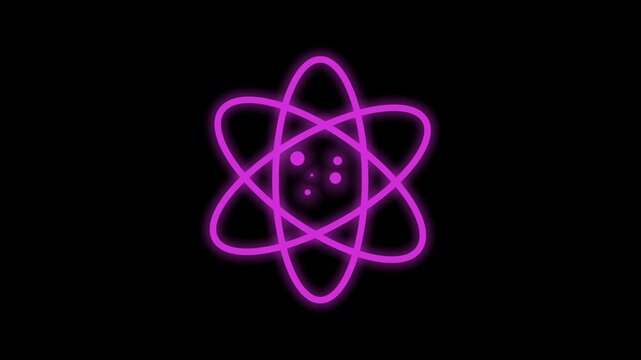 Glowing neon pink atomic structure animation on dark background for science and technology concepts.
