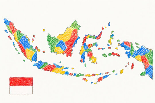 Indonesia hand-drawn archipelago map with national flag, colored pencil crayon sketch, Republic of Indonesia country map, colorful administrative provinces, Southeast Asia educational travel illustrat