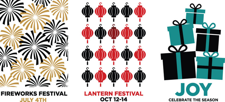 Set of three colorful festival and holiday event posters
