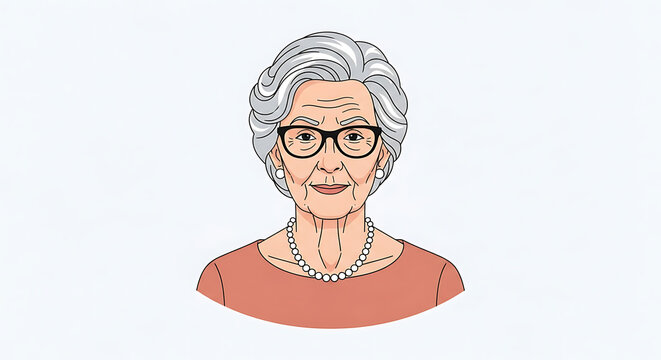 A digital illustration of an elegant elderly woman wearing glasses and a pearl necklace.