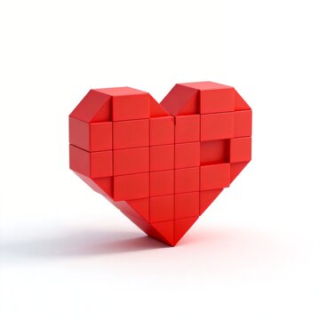 Three-dimensional red heart constructed from small cubic blocks