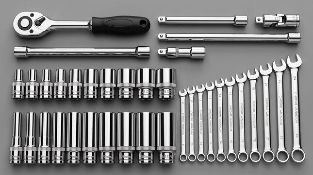 Collection of various metal wrenches and sockets for mechanical and automotive repair work