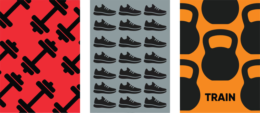 Fitness seamless patterns with dumbbells and sneakers