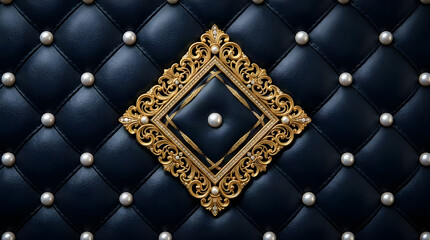 Obraz premium Luxury quilted dark blue leather texture with gold decorative frame and pearl accents