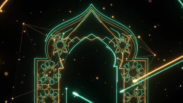 Abstract glowing golden and teal fiber optic cables forming intricate Islamic arch and geometric pattern animation