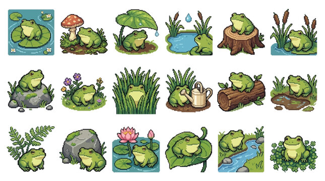 Set of cute cartoon frog illustrations in various natural habitats and activities.