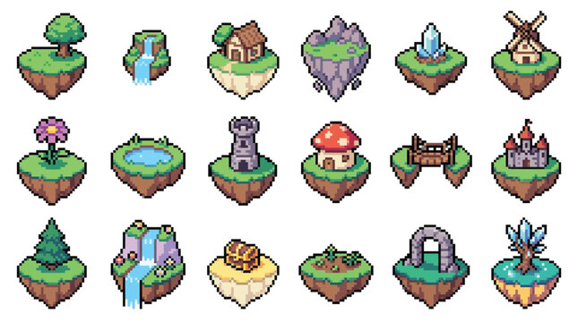 Set of pixel art isometric floating islands with fantasy elements for game development.