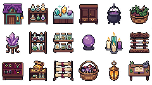 Set of pixel art fantasy game assets featuring magical items and witch shop furniture.