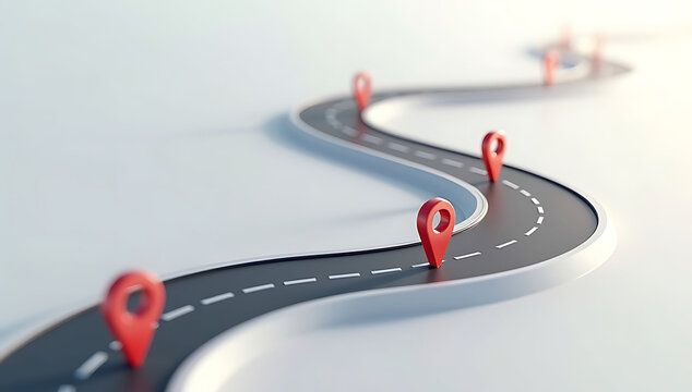 Winding asphalt road with red map location pins marking progress points