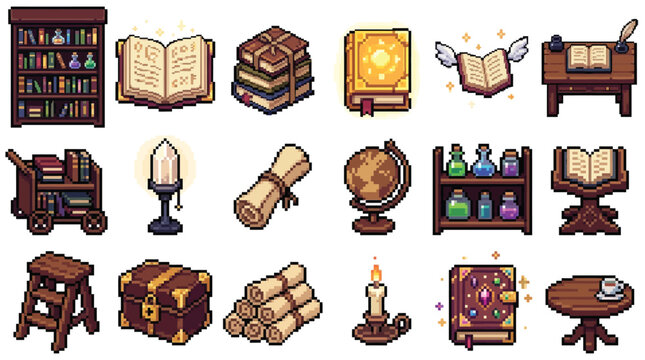 Set of pixel art library and magic study elements for fantasy games.