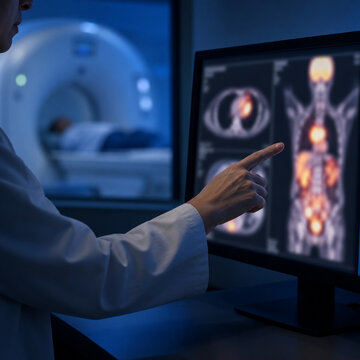 Hand pointing at an out-of-focus medical image on a diagnostic monitor
