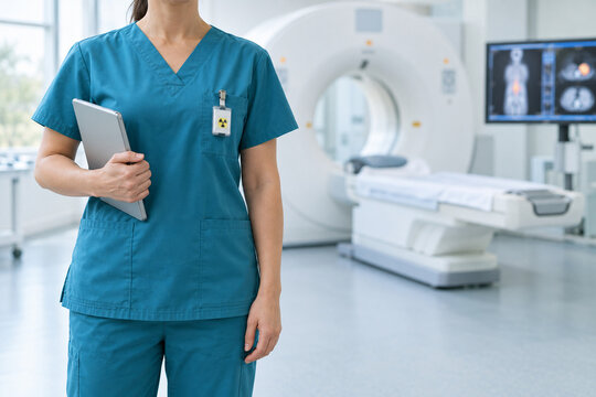 Portrait of a nuclear medicine technologist in scrubs wearing a radiat