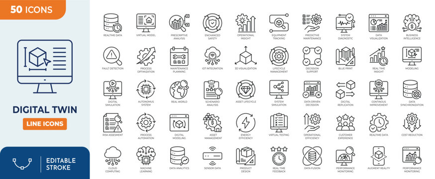 Digital Twin icon set. Containing digital, twin, simulation, virtual, model, replica, technology, monitoring, and more. Editable stroke. Vector illustration