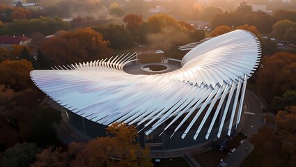 Fototapeta premium A breathtaking aerial perspective reveals the elegant, flowing lines of a modern building's white spiraling roof, surrounded by picturesque autumnal trees.