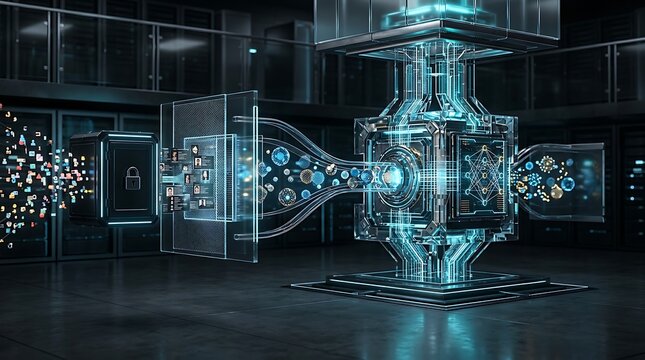 3D visual representation of digital data processing, showing particles flowing through a secure lock screen into a glowing futuristic central machine inside an industrial server room.