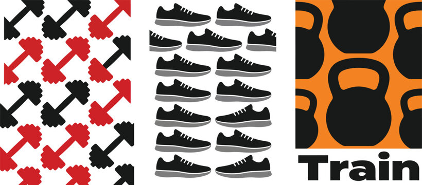 Set of fitness posters with dumbbells sneakers and kettlebell