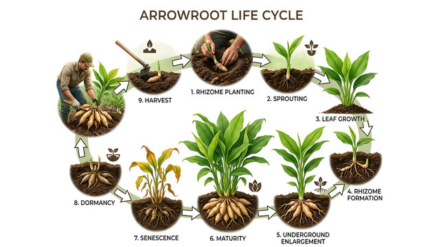 Arrowroot life cycle diagram illustrating the growth stages from planting to maturity and dormancy, with agricultural scenes