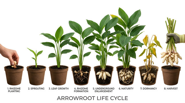 The illustration depicts the arrowroot plant's life cycle, from rhizome planting to harvest, showing stages of growth, underground development, maturity, and dormancy