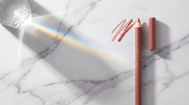 Nude Lip Liner Pencil with Color Swatches and Rainbow Prism on Marble