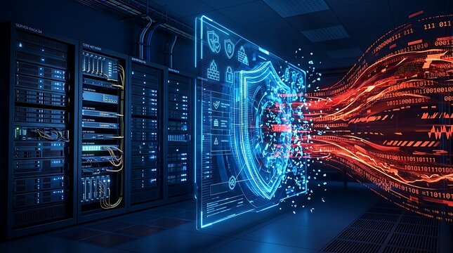 Glowing blue digital shield display mounted beside server racks intercepting orange data streams flowing into particles within dark server room setting with blue lighting accents.