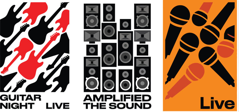 Set of three modern music posters with instruments