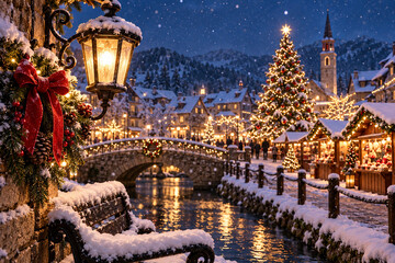 Fototapeta premium Snowy Christmas Canal Market with Stone Bridge and Lights