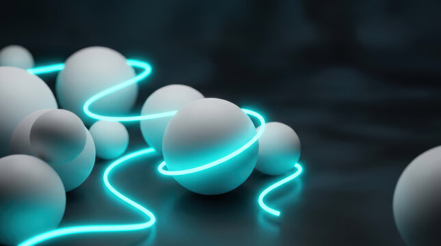 Strategic navigation along glowing path among luminous spheres creates futuristic abstract scene with wonder and mystery