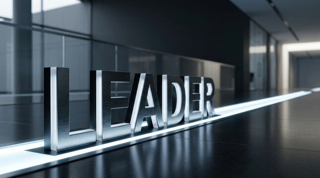Strategic navigation glowing path beside leader lettering creates sleek futuristic office interior with dramatic architectural light